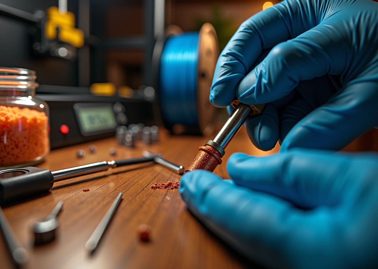 Крупный план экструдера 3D‑принтера с подаваемой нитью, инструментами для прочистки и открытой катушкой филамента на фоне домашней мастерской