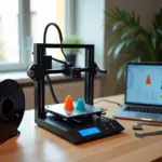 Домашняя мастерская с 3D‑принтером, катушкой филамента, весами и ноутбуком со слайсером и таблицей расчёта стоимости