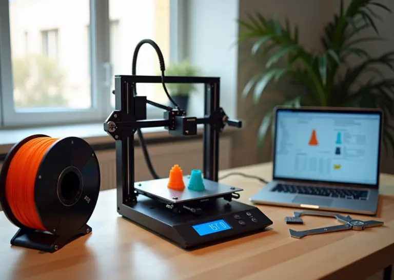 Домашняя мастерская с 3D‑принтером, катушкой филамента, весами и ноутбуком со слайсером и таблицей расчёта стоимости
