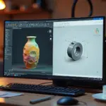 Разделённое изображение: слева — интерфейс Blender и скульптура в процессе работы, справа — интерфейс Fusion 360 с механической деталью и размерами; на переднем плане домашний FDM‑принтер с напечатанными декоративной вазой и функциональным кронштейном, катушка филамента и штангенциркуль.