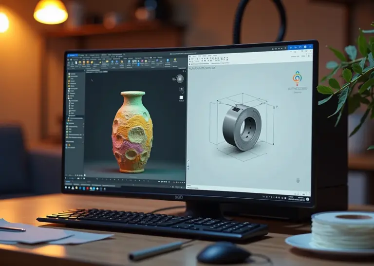 Разделённое изображение: слева — интерфейс Blender и скульптура в процессе работы, справа — интерфейс Fusion 360 с механической деталью и размерами; на переднем плане домашний FDM‑принтер с напечатанными декоративной вазой и функциональным кронштейном, катушка филамента и штангенциркуль.