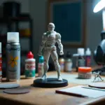 Рабочий стол с 3D‑моделью, шкурками, шпатлёвкой, праймером, аэрографом и банкой финишного лака