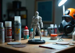 Рабочий стол с 3D‑моделью, шкурками, шпатлёвкой, праймером, аэрографом и банкой финишного лака