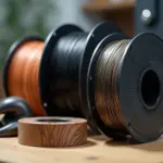 Три катушки филамента (дерево, металл, карбон) и напечатанные образцы на рабочем столе домашней мастерской