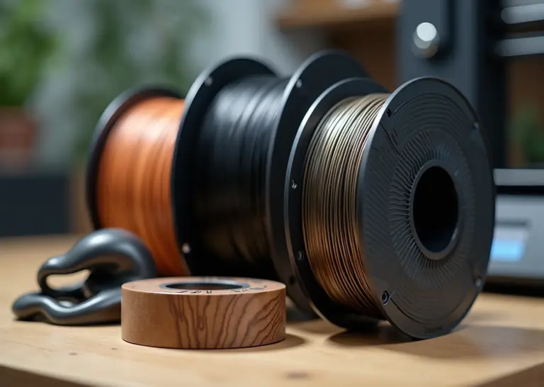 Три катушки филамента (дерево, металл, карбон) и напечатанные образцы на рабочем столе домашней мастерской
