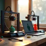 Bambu Lab A1 и Creality Ender 3 V3 бок о бок на рабочем столе, печатают бытовые предметы; рядом катушки филамента и ноутбук со слайсером.