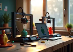 Bambu Lab A1 и Creality Ender 3 V3 бок о бок на рабочем столе, печатают бытовые предметы; рядом катушки филамента и ноутбук со слайсером.