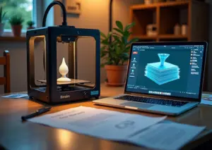 Домашняя мастерская с работающим 3D‑принтером, ноутбуком с показанной 3D‑моделью и юридическими иконками, рядом распечатанные изделия и подписанный договор