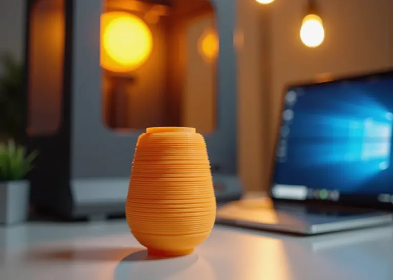 Крупный план FDM отпечатка с гладкой поверхностью и переходом высот слоёв на фоне настольного 3D‑принтера