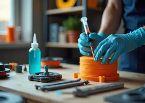 Руки в перчатках наносят эпоксидный клей на большой 3D‑стык; рядом флакон цианоакрилата, струбцины и инструменты на столе