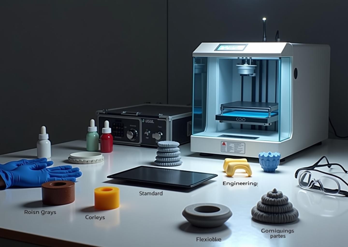 Настольный SLA принтер, три образца напечатанных деталей подписаны Стандартная Инженерная Гибкая, бутылочки со смолой, УФ‑лампа и инструменты на столе