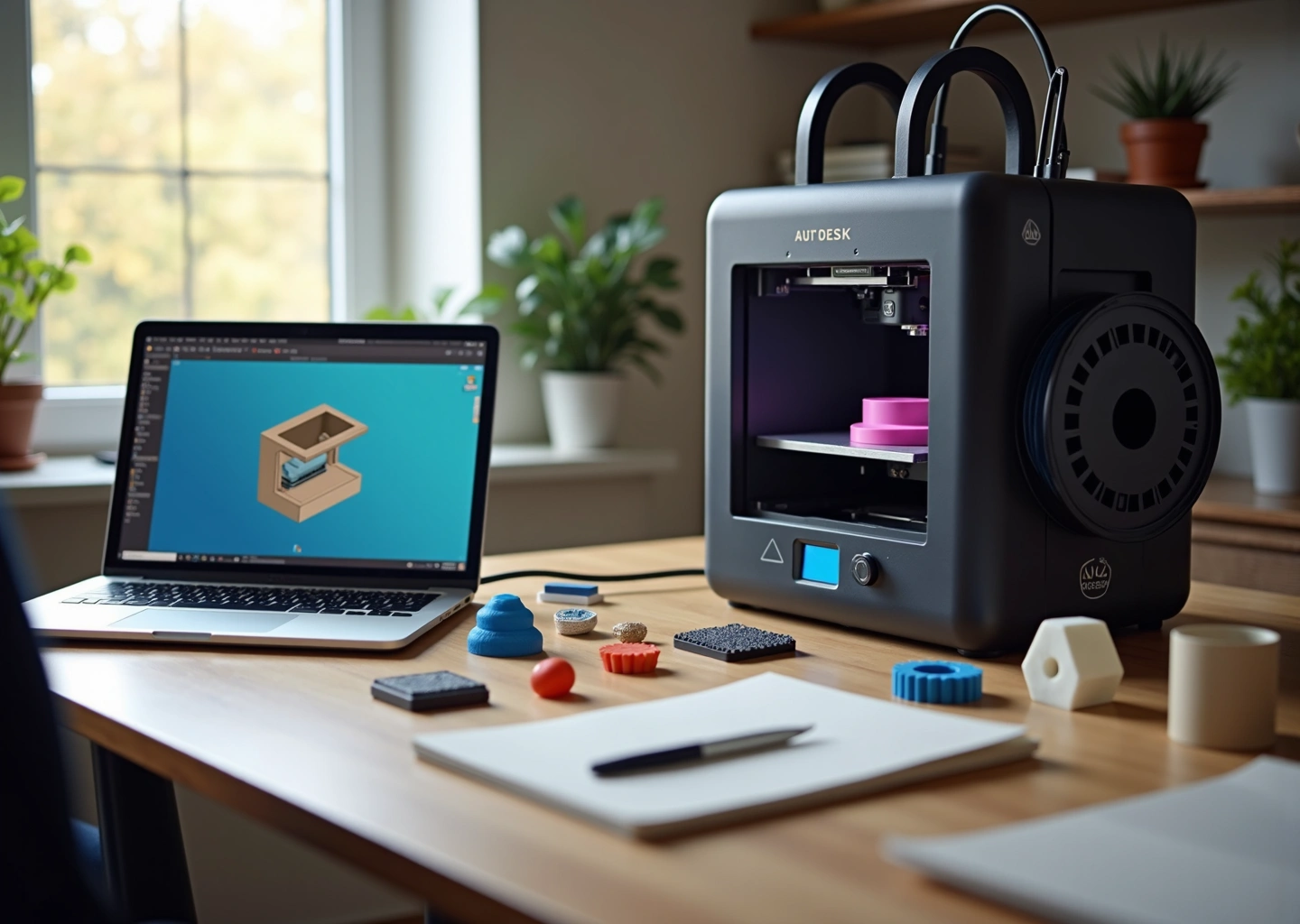 Рабочий стол с ноутбуком, открытым Fusion и напечатанной деталью рядом с работающим 3D‑принтером